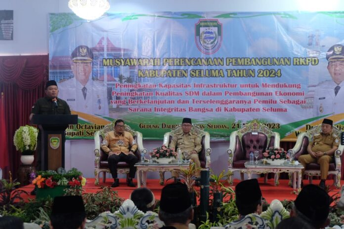 Bupati Seluma Bengkulu, Erwin Octavian, SE saat menyampaikan sambutan membuka kegiatan Musrenbang RKPD 2024 di Gedung Daerah Serasan Seijaoan, Selasa (21/3/2023)